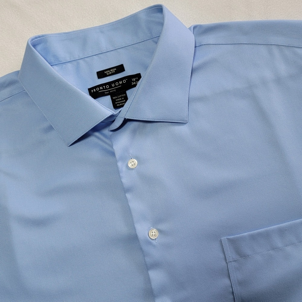 Pronto Uomo Dress Shirt Blue Men's XXL Slim Business Professional Office No-Iron